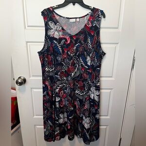 Kim Rogers curvy 2xl sleeveless knee length dress. Navy Blue with Red pattern